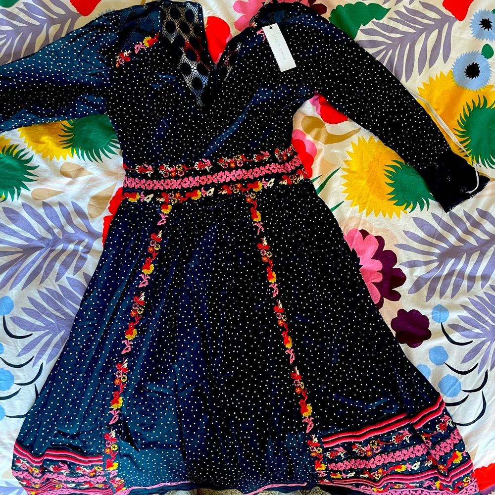 Navy polka dot bohemian 3/4 length sleeve with floral embroidery detail NWT